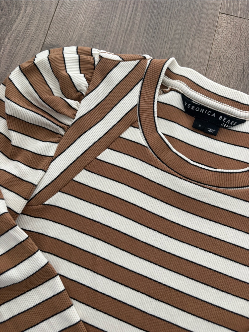 Veronica Beard Brown & Cream Striped Puff-Sleeve Long Sleeve Top - Picture 4 of 5